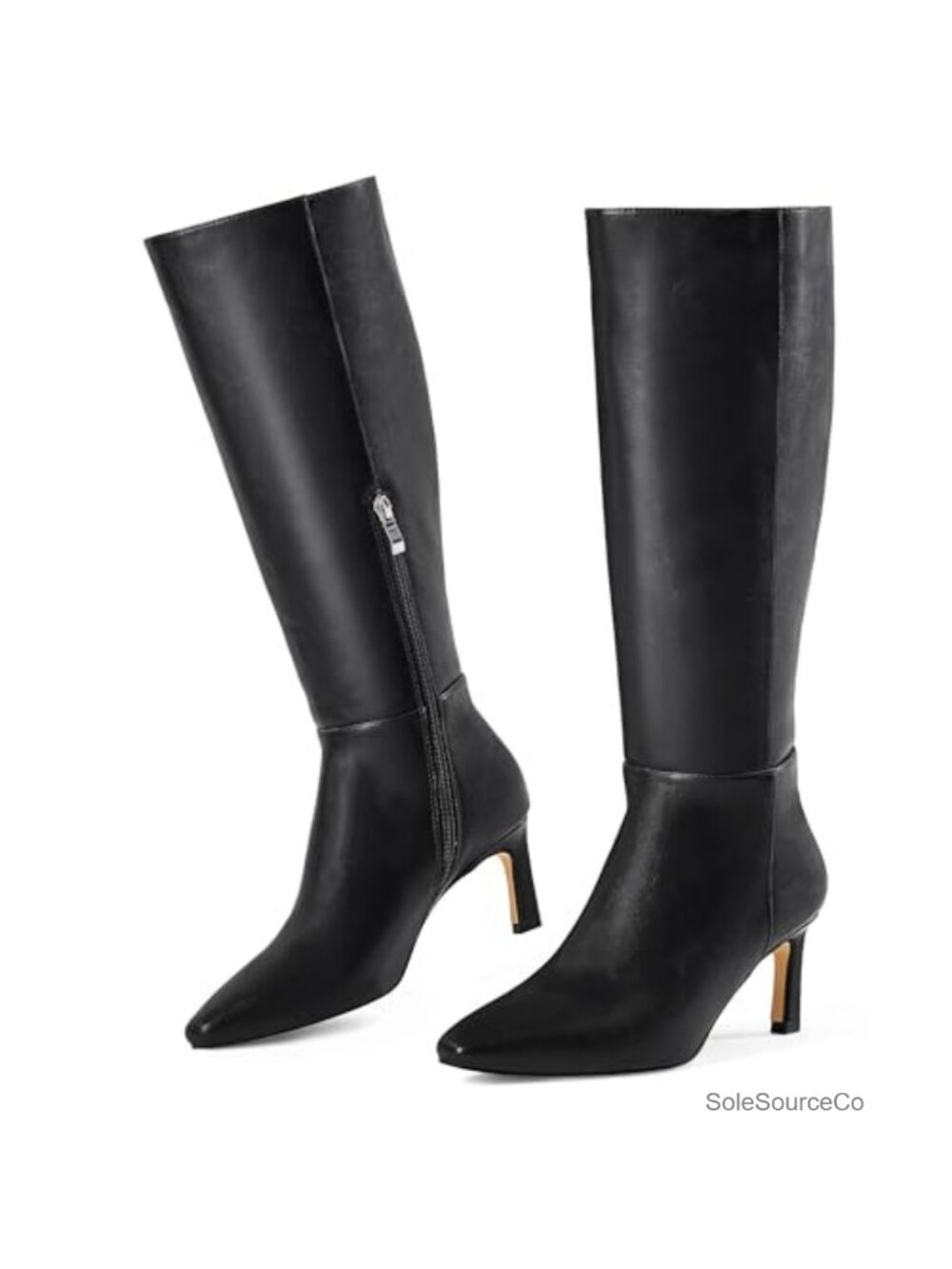 Kitten Heel Knee High Boots Square Toe Faux Leather Tall Dress Boots